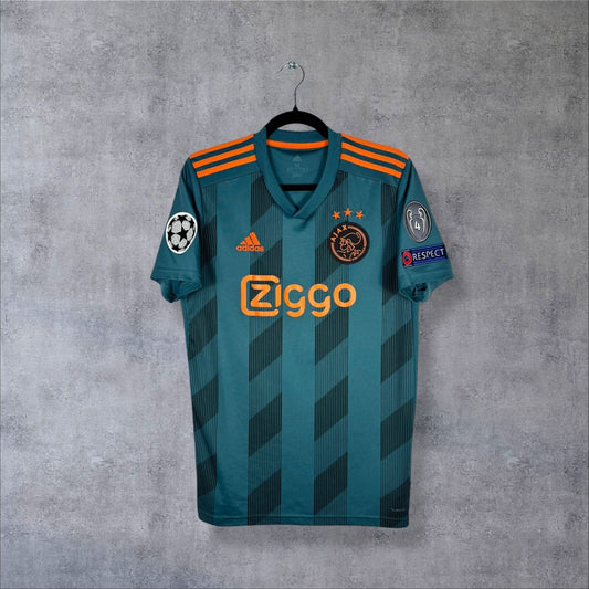 Maillot Ajax Amsterdam 2019-2020 Extérieur authentifié Adidas teal damier géométrique sponsor Ziggo flocage Donny Van de Beek N°6 ère Ten Hag post-épopée 2019 taille M