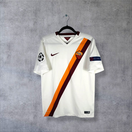 Face du maillot AS Roma 2014-2015 extérieur Nike blanc à bande diagonale orange et bordeaux, sans sponsor