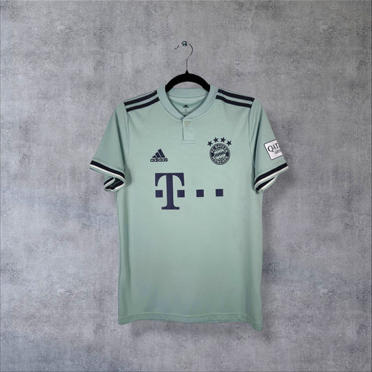 Maillot Bayern Munich 2018-2019 extérieur vert d'eau de face, col boutonné, adidas et Telekom