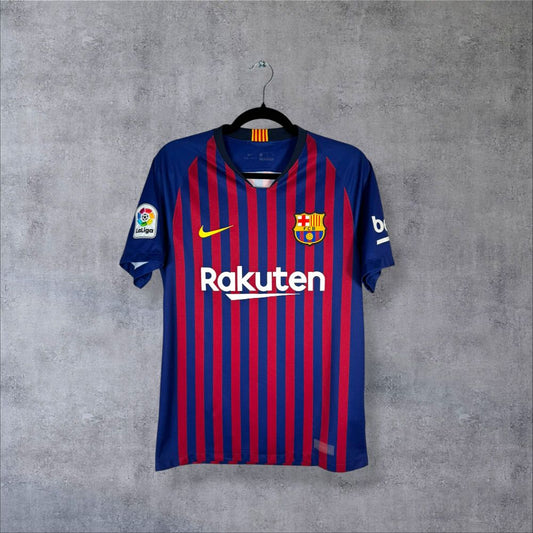 Maillot FC Barcelone 2018-2019 Domicile authentifié flocage Lionel Messi N°10 taille S Nike sponsor Rakuten saison du 600e but