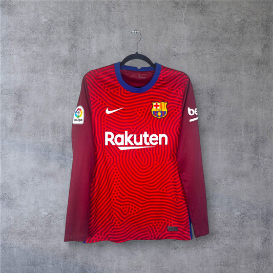 Vue de face du maillot gardien FC Barcelone 2020/21 rouge abstrait manches longues.