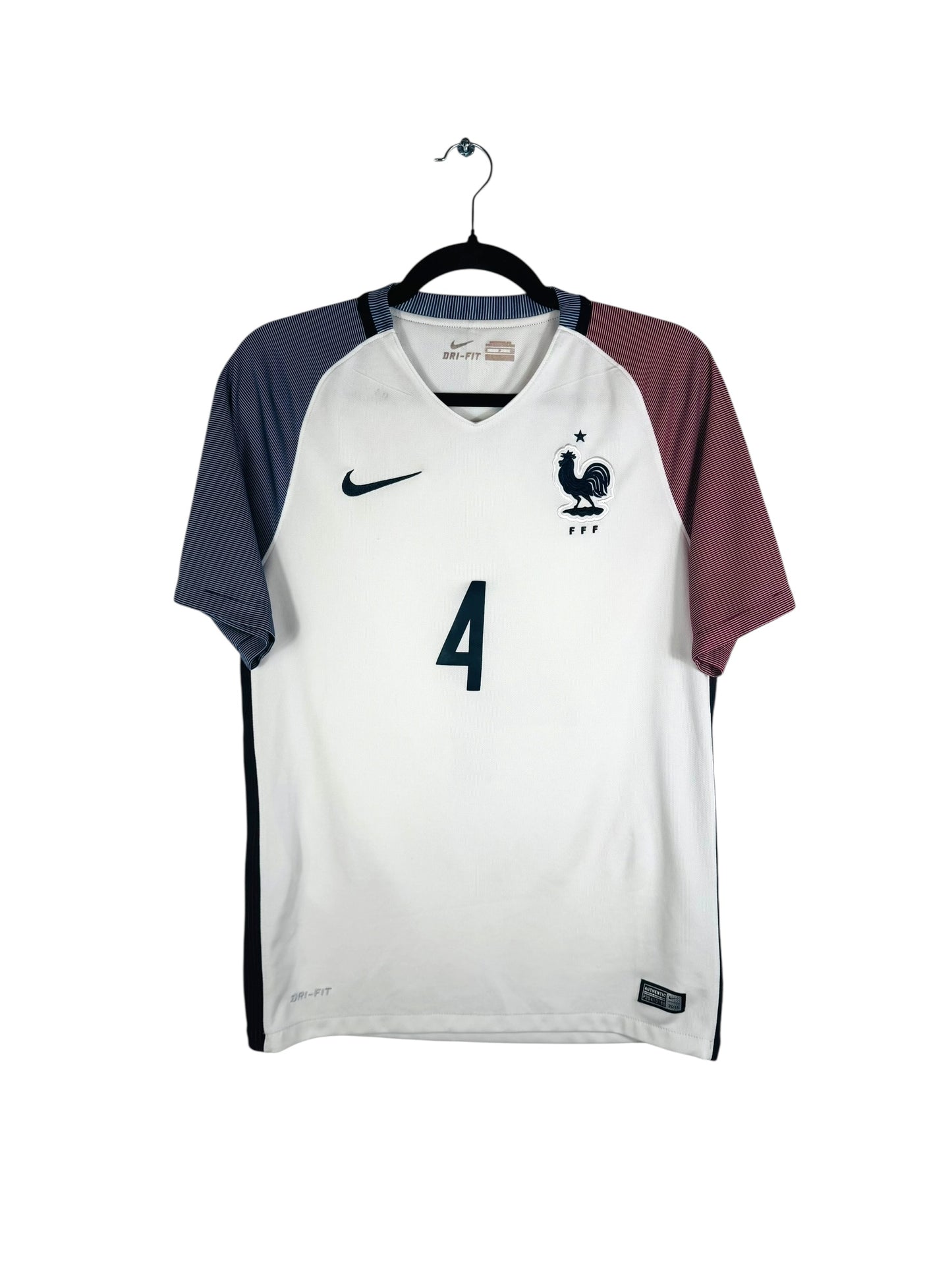 Maillot France 2016-2017 extérieur Nike Varane 4 blanc manches rouge et bleue S vue avant