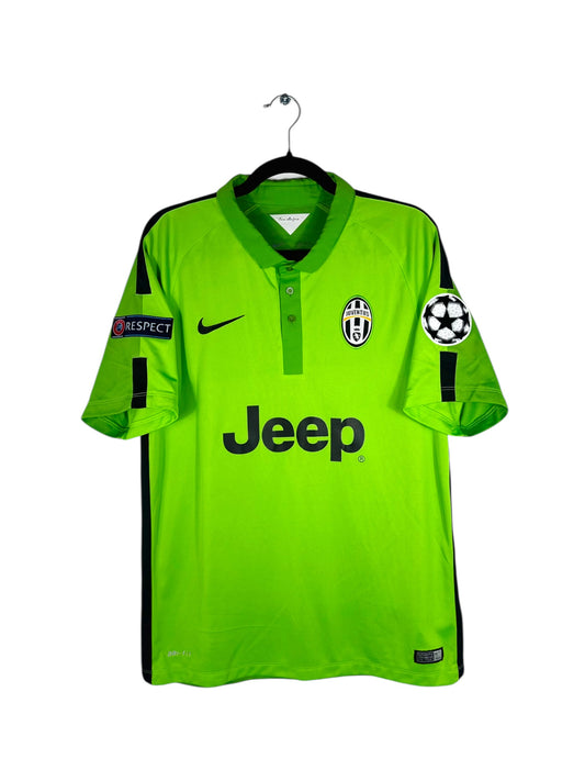 Vue de face du maillot Juventus Third 2014/15 vert fluo avec bande noire latérale.