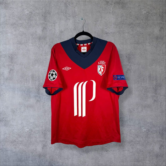 Maillot LOSC Lille 2012-2013 domicile de face, rouge à col en V bleu marine, Umbro