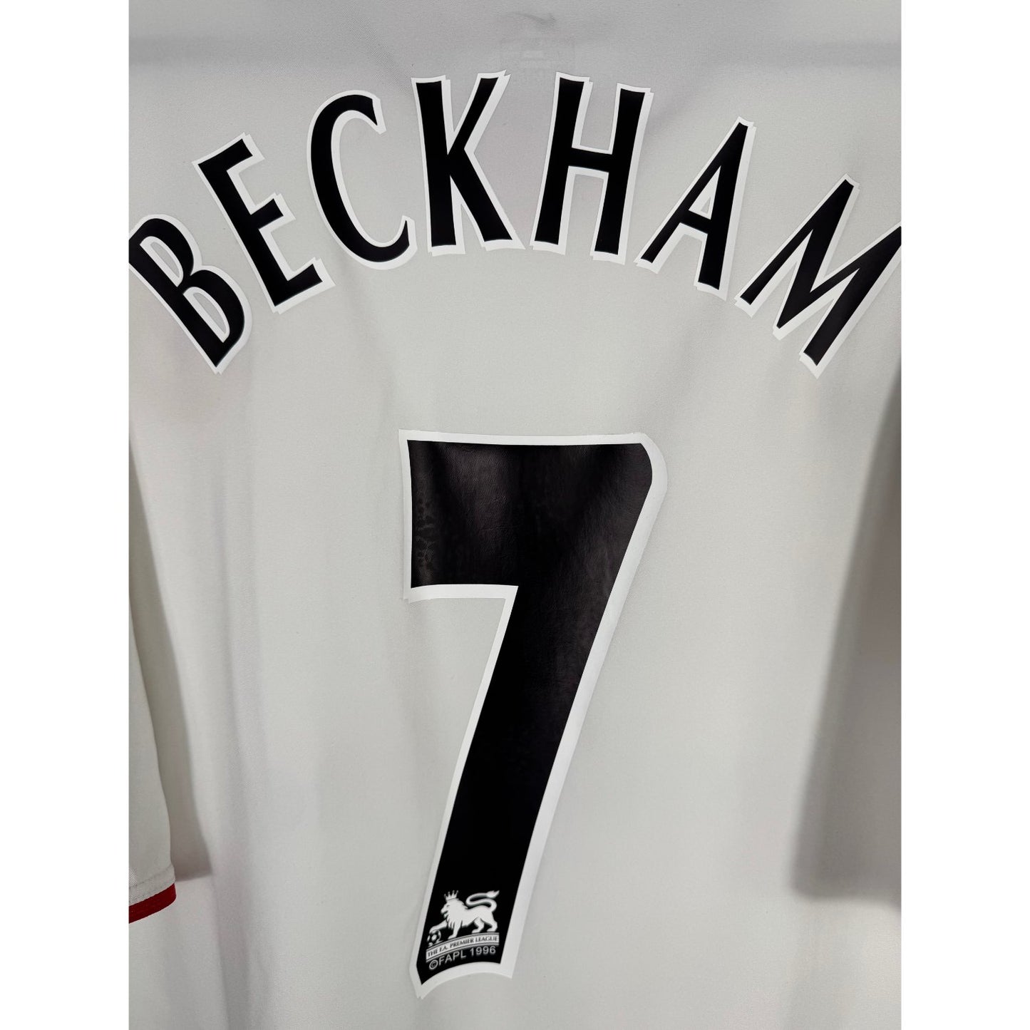 Détail de la typographie du flocage sur le numéro 7 de David Beckham