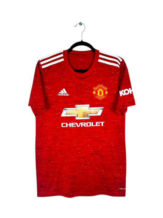 Maillot Manchester United 2020-21 domicile rouge motif fils Adidas vue de face.