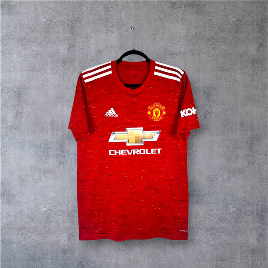 Maillot Manchester United 2020-21 domicile rouge motif fils Adidas vue de face.