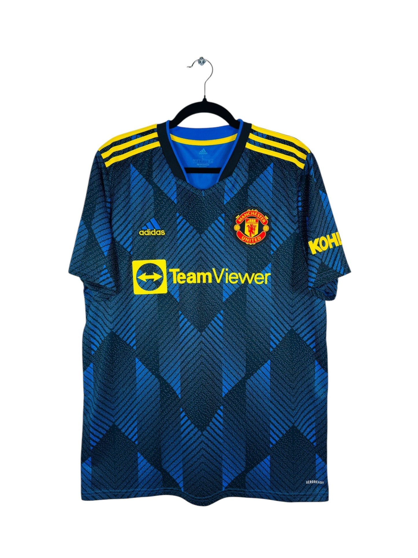Maillot Manchester United 2021-2022 Third Adidas - Vue avant, taille L, couleur bleu, flocage Rooney N°10.