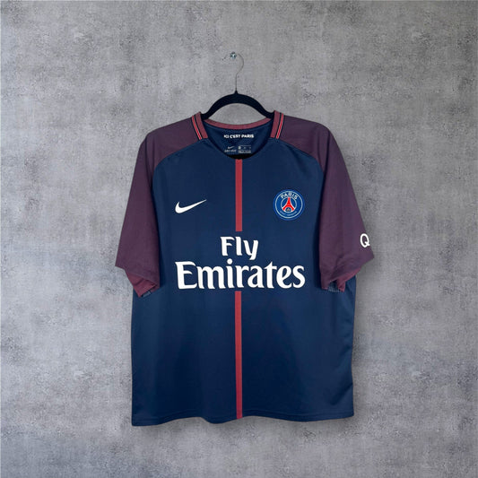 Maillot PSG 2017-2018 domicile Mercurial Kylian Mbappé Nike vue avant logo et sponsor