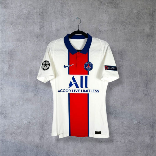 Maillot PSG 2020-2021 Extérieur Stock Pro Player Issue authentifié Nike blanc bande Hechter rouge flocage Mbappé N°7 sponsor ALL ère Pochettino taille S