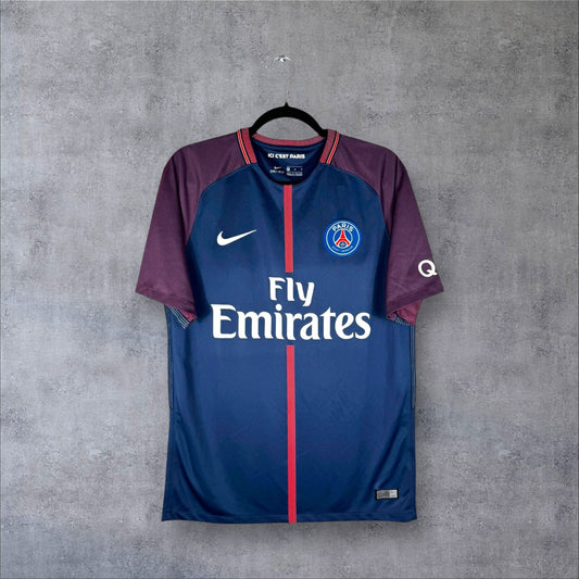 Vue de face du maillot PSG 2017-2018 domicile bleu et bordeaux