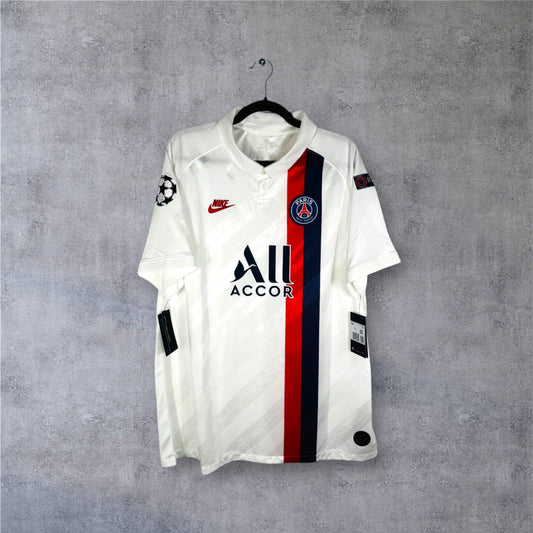 Vue de face du maillot PSG Third 2019/20 blanc avec bande verticale rétro et logo Nike vintage.