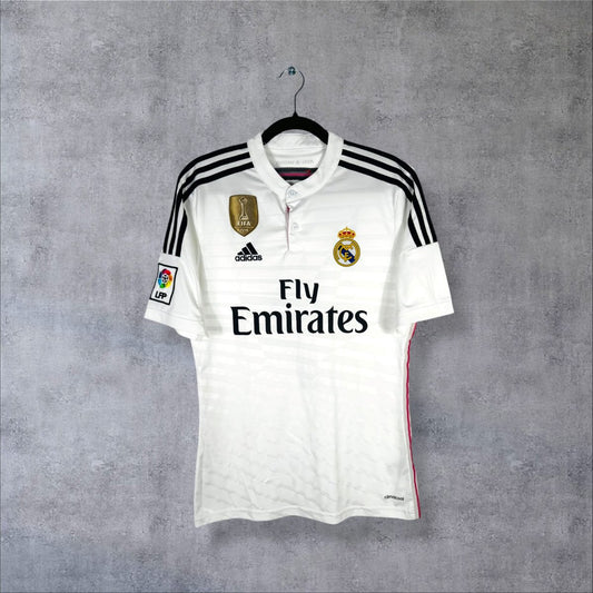 Face du maillot Real Madrid 2014-2015 domicile blanc à col boutonné sponsor Fly Emirates
