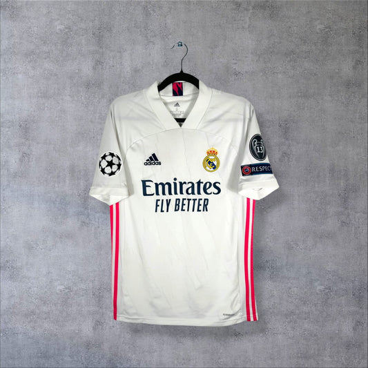 Face du maillot Real Madrid 2020-2021 domicile blanc adidas sponsor Emirates Fly Better