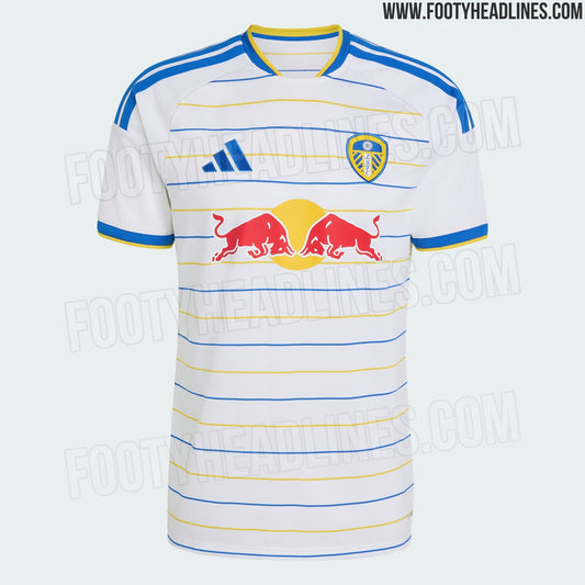 Maillot domicile Leeds United 2026-2027 adidas, rayures horizontales bleu et jaune (photo Footy Headlines)