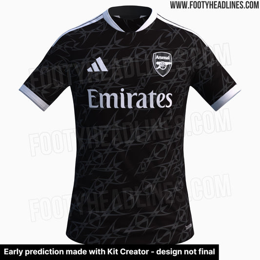 Fuite : le troisième maillot d'Arsenal 2027-2028 sera noir et blanc, façon tribal Y2K (photo Footy Headlines)