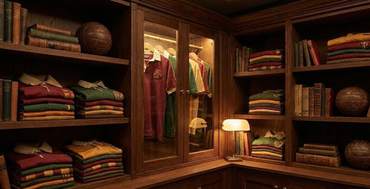 Collection privée de maillots de foot vintage rares rangés dans un dressing en bois