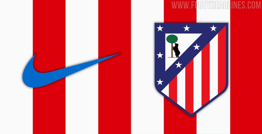 Maillot domicile Atlético Madrid 2027-2028 : rayures rouges et blanches, Swoosh bleu et blason (photo Footy Headlines)