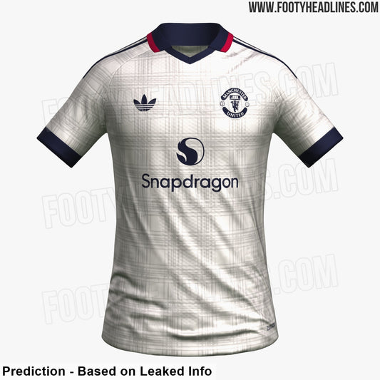 Fuite : le maillot extérieur de Manchester United 2027-2028 sera écru, tartan et Northern Soul (photo Footy Headlines)