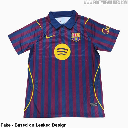 Fuite : le maillot domicile du Barça 2027-2028 déjà copié par les contrefacteurs (photo Footy Headlines)