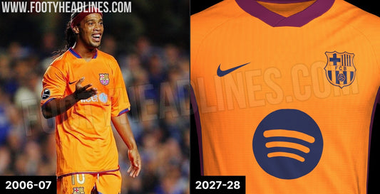 Fuite : le troisième maillot du FC Barcelone 2027-2028 remet l'orange de Ronaldinho (photo Footy Headlines)