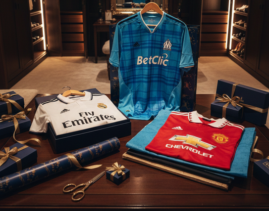 Maillots de foot vintage emballés cadeau ambiance festive