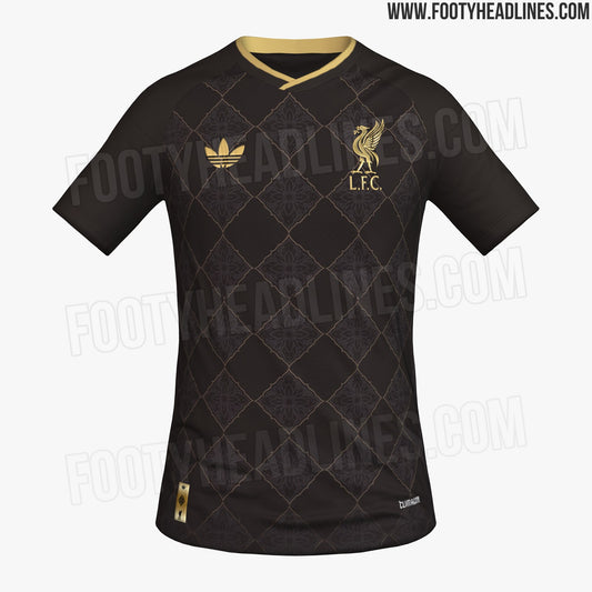 Fuite : le maillot lifestyle noir et or de Liverpool 2026-2027 (photo Footy Headlines)