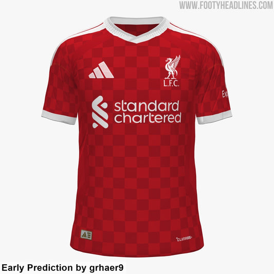Fuite : le maillot domicile de Liverpool 2027-2028 passerait au damier ton sur ton (photo Footy Headlines)