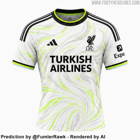 Fuite : le troisième maillot de Liverpool 2027-2028 sera blanc, aux ailes de Liverbird citron (photo Footy Headlines)