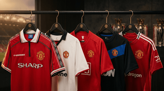 Collection maillots Manchester United vintage histoire Old Trafford Sir Alex Ferguson Treble 1999 Cantona Beckham Ronaldo Van Persie Pogba carrière complète et cote 2026
