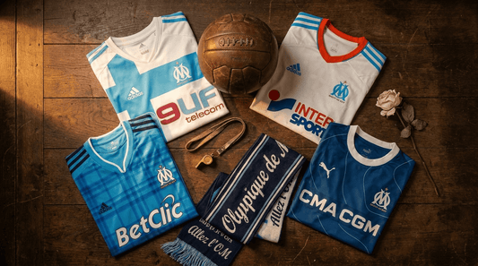 Collection maillots OM vintage Olympique de Marseille : histoire du club à travers 4 époques avec ballon cuir vintage, écharpe Droit au But et rose blanche