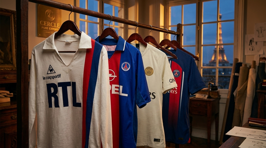 Collection maillots PSG vintage Paris Saint-Germain : histoire du club à travers les époques avec maillots Hechter Ronaldinho Beckham Ibrahimovic Mbappé Neymar et tour Eiffel