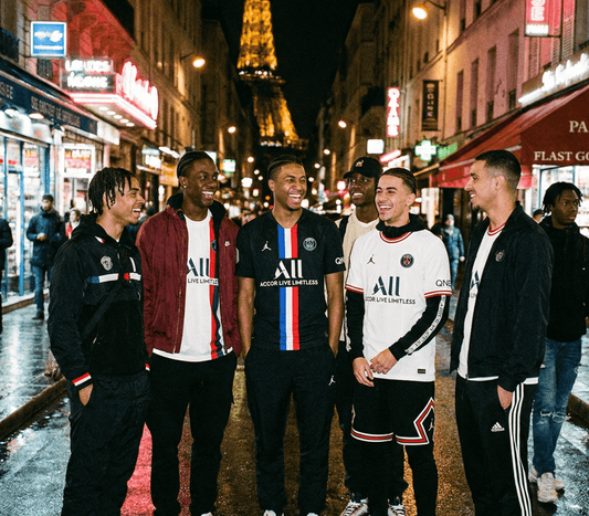 Groupe de jeunes portant des maillots PSG x Jordan la nuit devant la Tour Eiffel