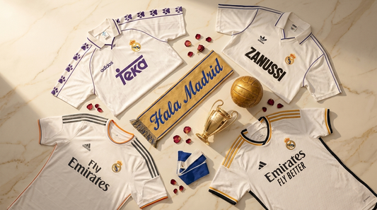 Collection maillots Real Madrid vintage histoire complète Di Stéfano Galacticos Cristiano Ronaldo Modric avec écharpe Hala Madrid trophée Ligue des Champions