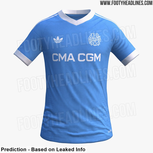 Fuite : le maillot extérieur adidas de l’OM 2027-2028 sera bleu ciel et rétro (photo Footy Headlines)
