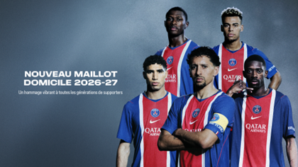 Maillot domicile PSG 2026-2027 officiel Nike Hechter pur bleu roi bande rouge centrale blanc Aero-FIT champion d'Europe Qatar Airways