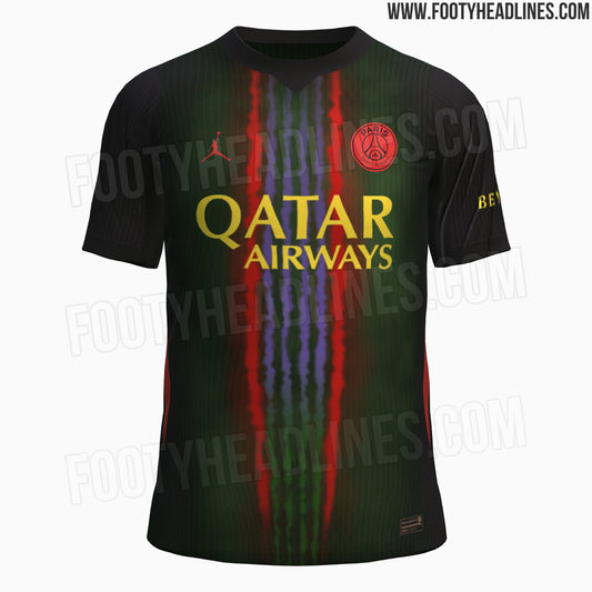 Fuite : la tenue officielle du troisième maillot Jordan du PSG 2026-2027, Snipes en or au dos (photo Footy Headlines)