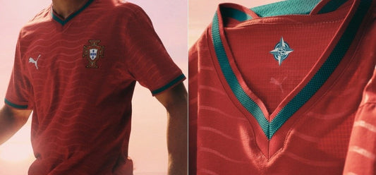 Maillot Portugal domicile Coupe du Monde 2026 Puma rouge vert vagues océan Ronaldo histoire maritime bannière présentation
