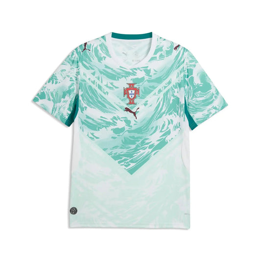 Maillot Portugal extérieur Coupe du Monde 2026 Puma aquamarine dégradé V-design super-héros océan Connecting Heroes Ronaldo