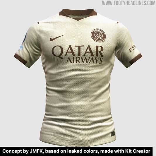 Fuite : le maillot extérieur du PSG 2027-2028 en beige et marron, première maquette (photo Footy Headlines)
