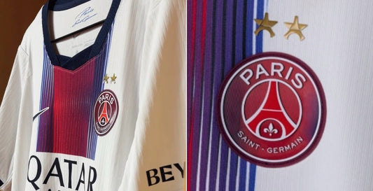 Les deux étoiles dorées du PSG au-dessus du blason sur les maillots 2026-2027 (photo Footy Headlines)