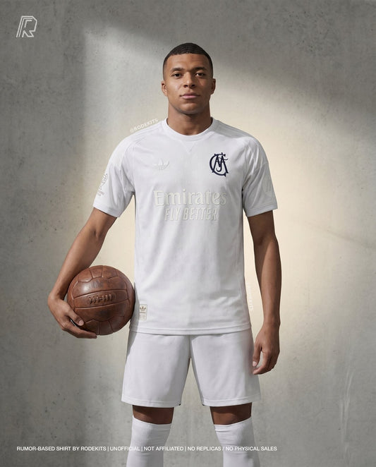 Maillot Real Madrid 125 ans anniversary 2027 Mbappé porté Adidas blanc tonal écusson 1902 navy patch Aniversario or leak collector