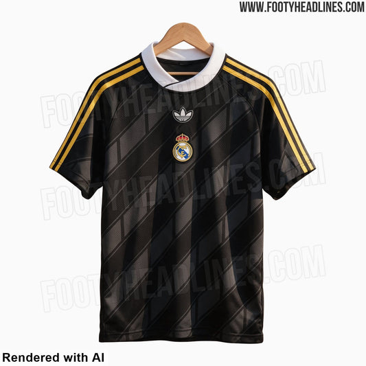 Fuite : le maillot Icon du Real Madrid 2027 passe au noir et or (photo Footy Headlines)