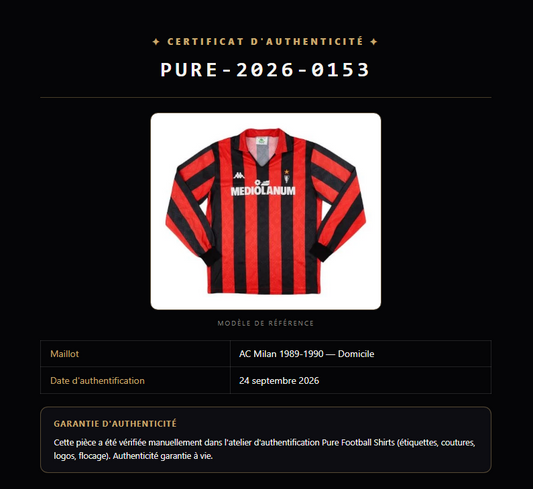 Certificat d'authenticité Pure Football Shirts avec numéro unique et QR de vérification
