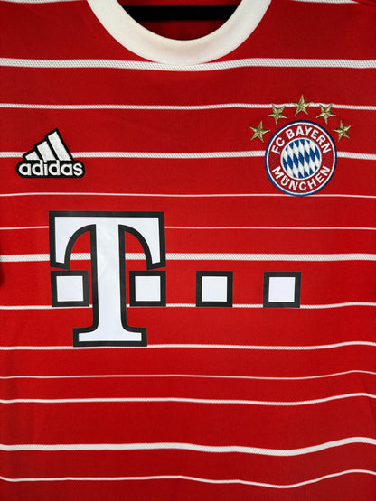 Gros plan sur l'écusson du Bayern Munich aux 5 étoiles et le logo Adidas blanc sur le tissu rouge.