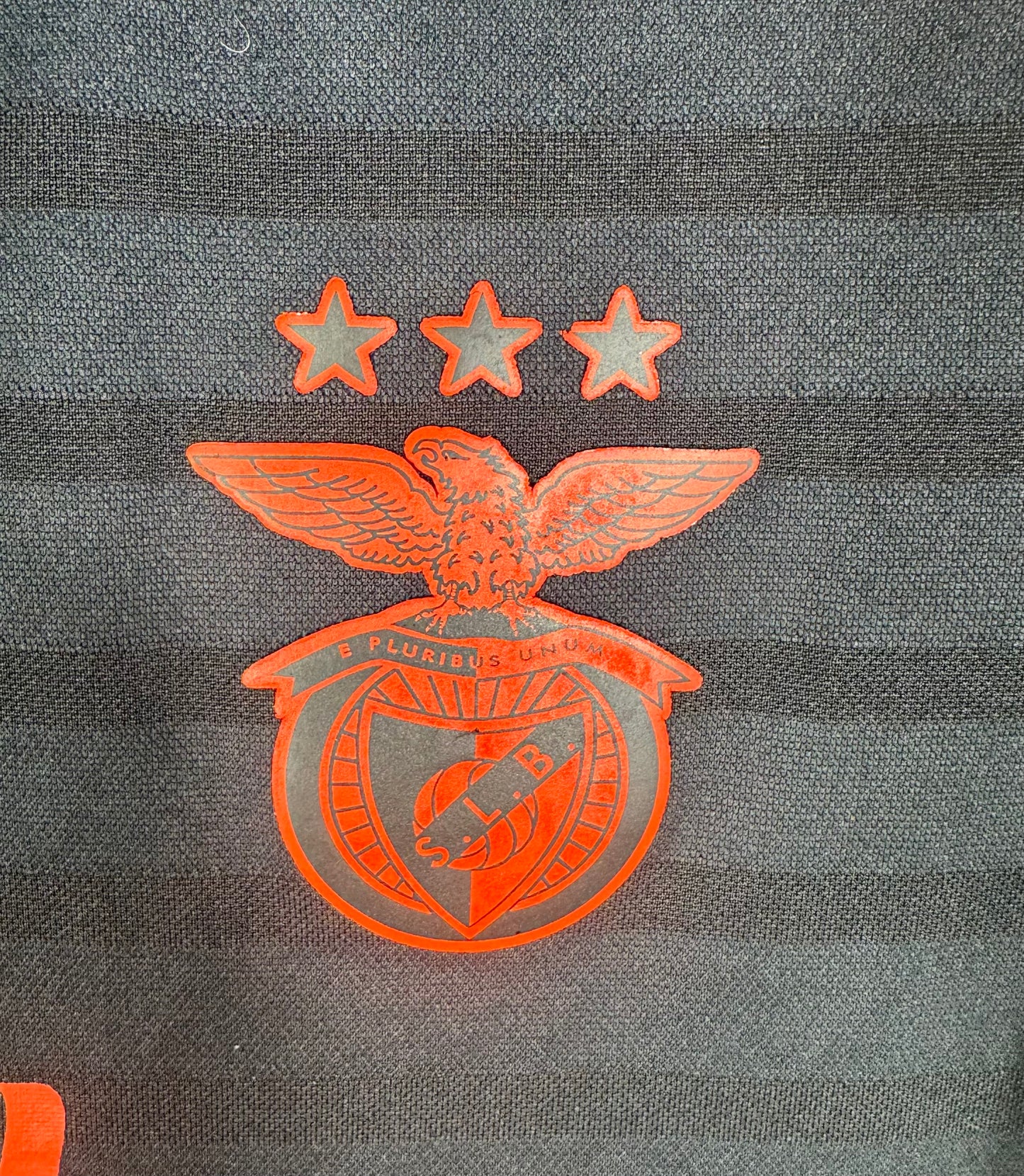 Gros plan sur l'écusson texturé du Benfica Lisbonne et les 3 étoiles sur maillot noir.