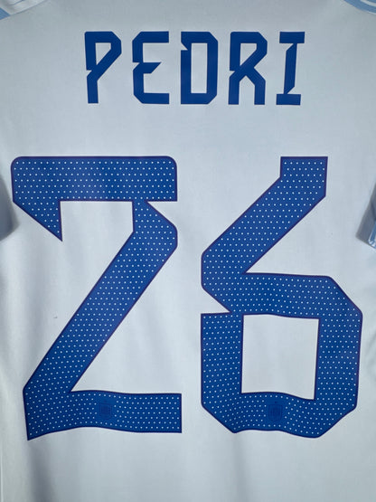 Zoom sur le nom PEDRI et le numéro 26 bleu avec typographie officielle de la sélection espagnole.