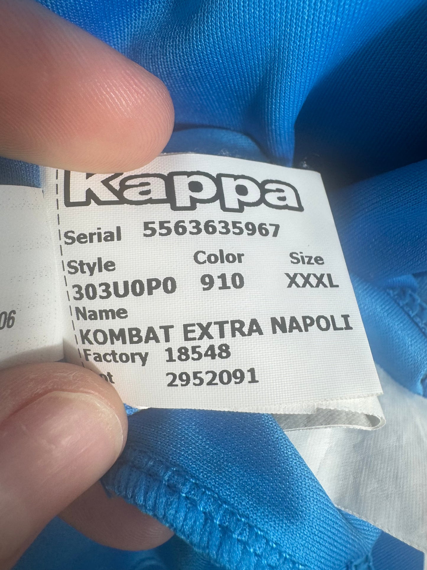 Étiquette interne code authenticité Kappa 303U0P0 maillot Napoli.