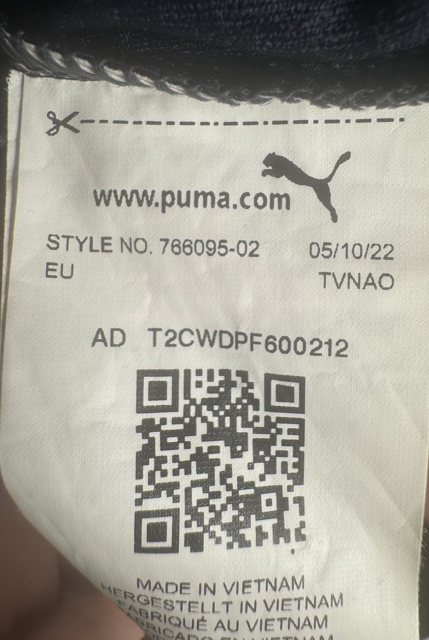 Étiquette interne code authenticité Puma 766095-02 maillot OM Gerson.