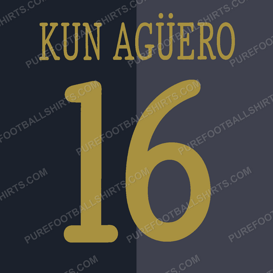 Flocage Kun Agüero 16 Manchester City 2013-2014 extérieur — nameset repro typo Ligue des Champions